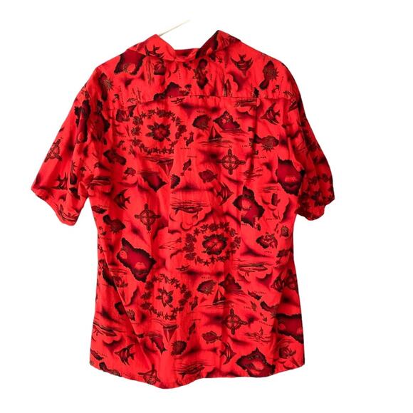 Ui Maiki Vintage 60s Red Hawaiian Islands Map Hibiscus Flower Button Down Shirt - Picture 2 of 7